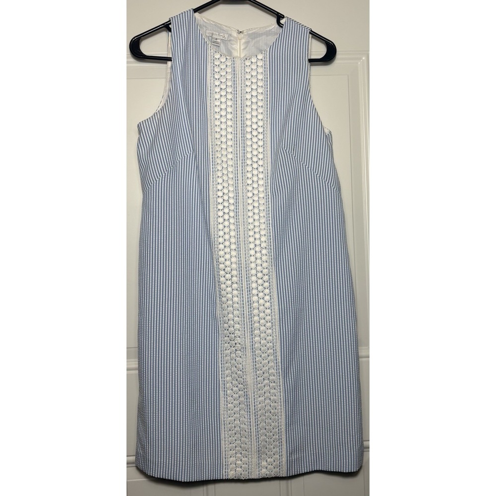 London Times Sleeveless Baby Blue White Striped Seersucker Dress Size 8 Classy